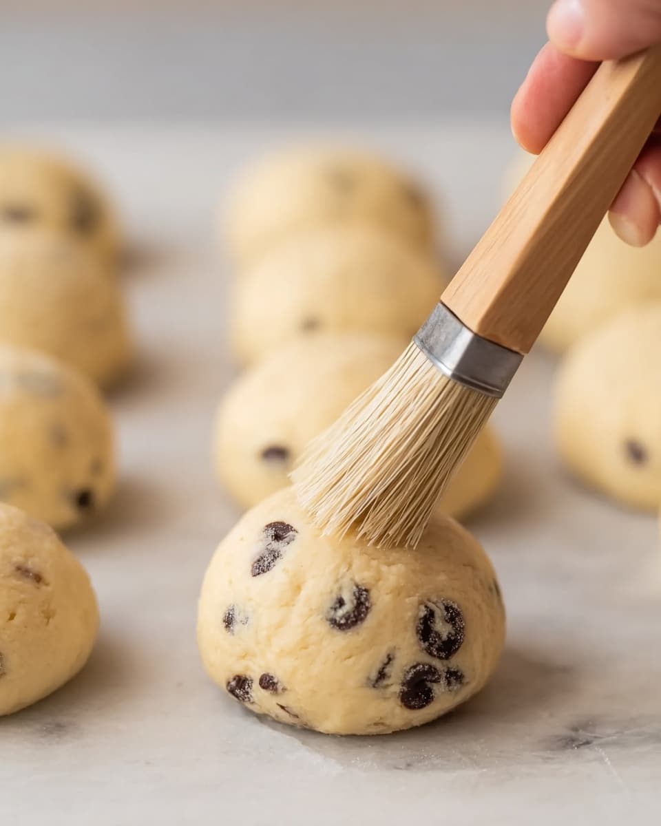 The image shows several small round dough balls with chocolate chips inside, placed on a white marbled surface. A woman's hand is holding a brush with light bristles and a wooden handle, gently brushing the top of the dough ball in the foreground. The dough balls are pale yellow and soft with visible dark chocolate chips scattered throughout. The focus is on the dough ball being brushed, while the others fade softly into the background. Photo taken with an iphone --ar 4:5 --v 7