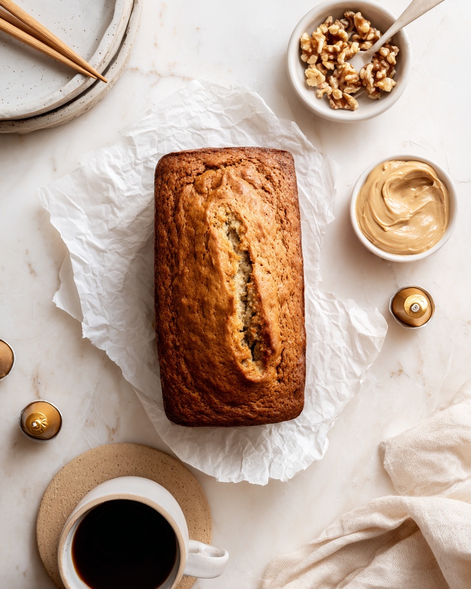 A golden brown rectangular loaf cake with a slightly cracked top, placed on crumpled white parchment paper over a white marbled surface. To the top right of the loaf, there is a small white bowl filled with walnut halves. Below the bowl, there is a small white bowl containing a light beige creamy spread, and a wooden-handled spoon resting beside it with the spread on it. In the bottom right corner, there is a white cup filled with black coffee sitting on a small beige coaster, next to a couple of golden coffee pods. To the left, there is a stack of white plates with wooden chopsticks resting on top. Soft cream-colored cloth is casually draped in the right background. photo taken with an iphone --ar 4:5 --v 7