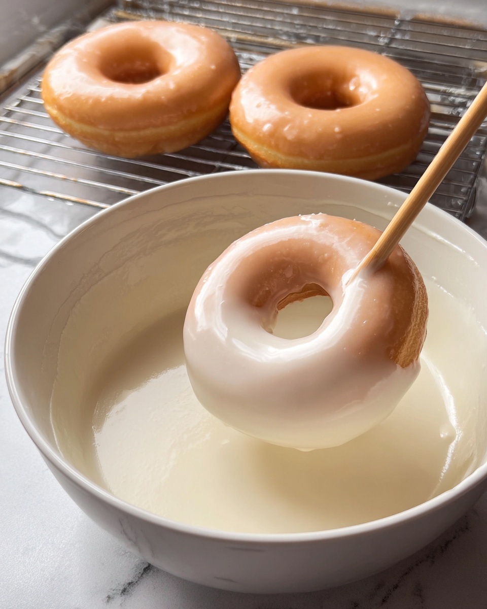 The image shows a fresh donut being dipped into a creamy white glaze inside a large white bowl. The donut is held by a thin wooden stick, partially coated with the smooth, shiny glaze. In the background, there are two fully glazed donuts resting on a cooling rack, each with a golden-brown base and shiny glaze coating, sitting on a white marbled surface. The glaze looks thick and glossy, covering the donut evenly and creating a smooth texture. Photo taken with an iphone --ar 4:5 --v 7