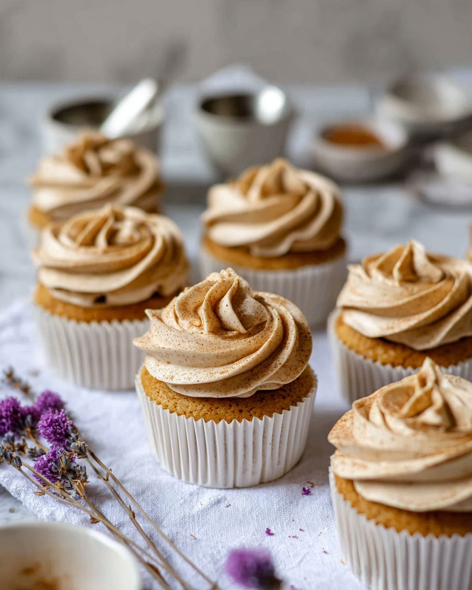 The image shows six cupcakes on a white cloth over a white marbled surface. Each cupcake has a golden-brown base wrapped in white paper liners. On top, there is a thick layer of light brown frosting shaped like a rose with a swirled, smooth texture and a dusting of fine cinnamon powder. In the background, there are small silver bowls and white ceramic ramekins. A few sprigs of dried lavender and small purple flowers add subtle decoration around the cupcakes. photo taken with an iphone --ar 4:5 --v 7