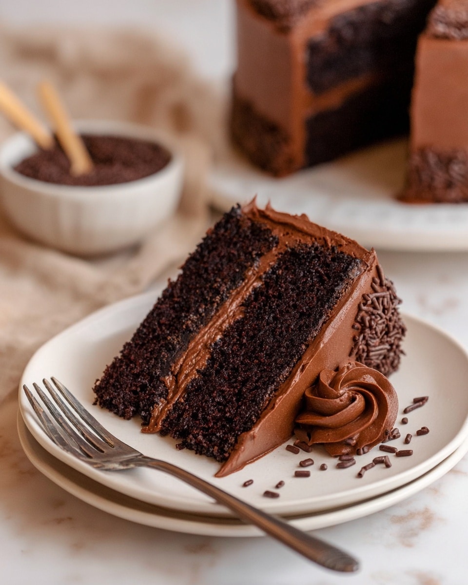 A slice of chocolate cake on a white plate with two thick dark brown cake layers separated by a smooth, medium brown chocolate frosting layer. The outer edge of the slice is covered with the same medium brown frosting, and there is a small rosette of frosting on the bottom right corner of the slice. Small chocolate sprinkles are scattered on the plate near the slice. A silver fork rests on the plate to the left of the slice. The background shows the rest of the cake, mostly out of focus, and a white bowl filled with chocolate sprinkles and a light brown wooden spoon. The surface has a white marbled texture. photo taken with an iphone --ar 4:5 --v 7