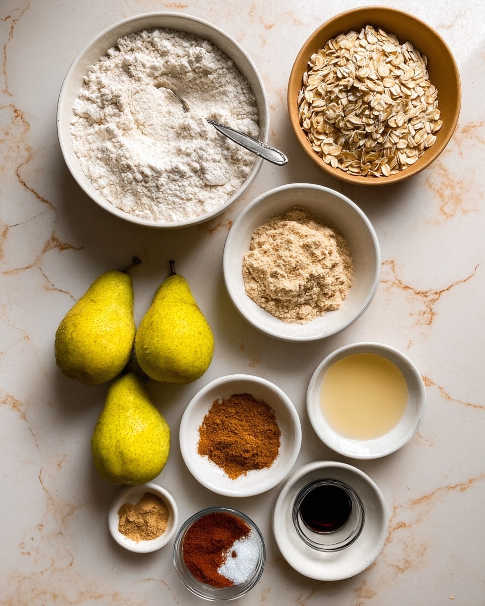 The image shows eight ingredients laid out on a white marbled surface, each in white or brown bowls and plates arranged neatly. At the center is a white bowl with white flour and a spoon resting inside. Above it to the right is a white bowl filled with rolled oats, and to the left, a brown bowl with brown sugar. Above these is a small white bowl of light brown powder. To the right of the oats is a smaller white bowl containing melted butter or oil, shiny and smooth. Below the flour bowl are two yellow-green pears placed side by side. To the lower left of the pears is a white bowl divided into three sections, each holding brown and reddish powders, including cinnamon and paprika. Near the bottom edge is a small portion of a white bowl with a pale liquid, likely lemon juice. A small dark liquid in a glass bowl is placed next to the brown sugar. photo taken with an iphone --ar 4:5 --v 7