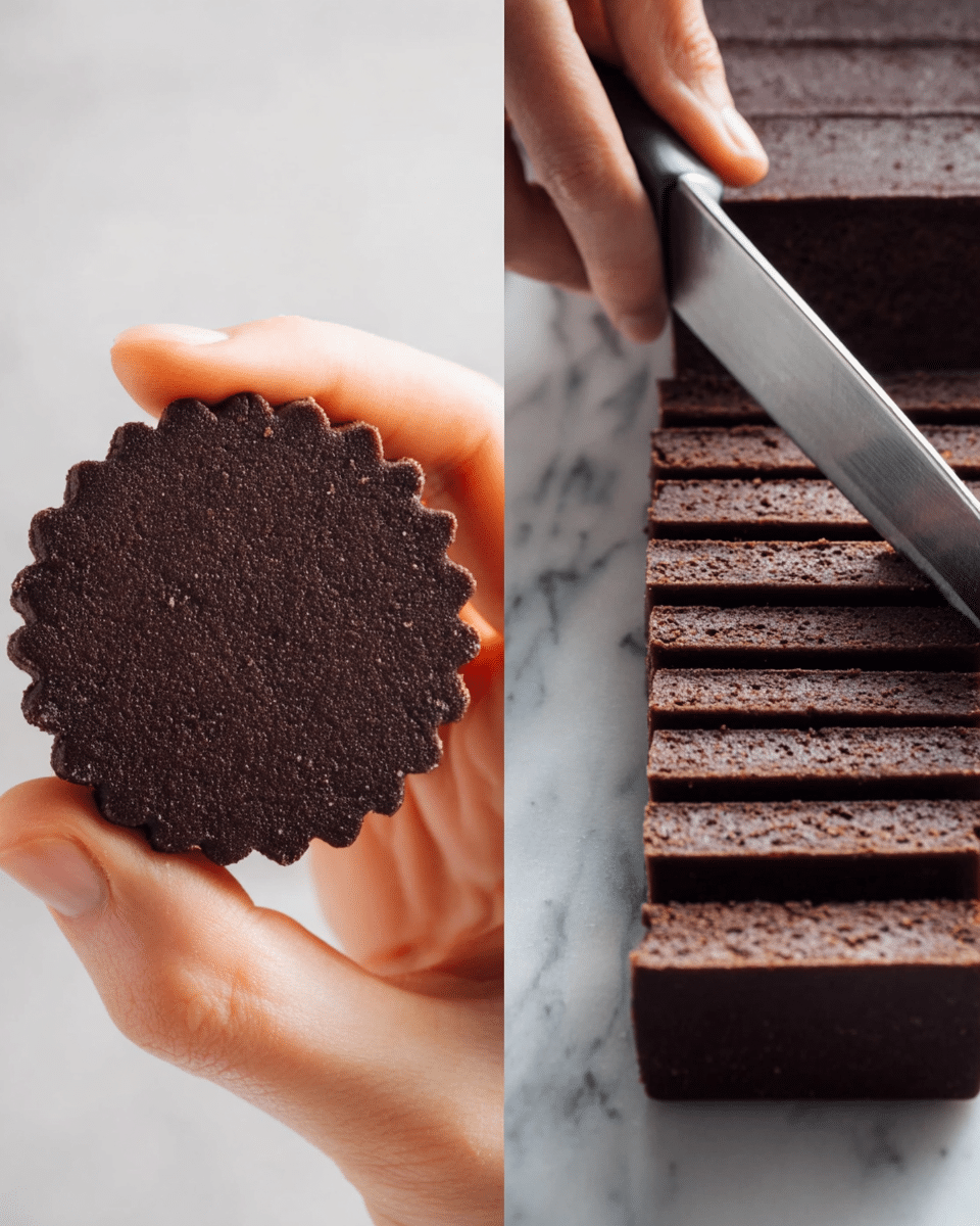 The left side of the image shows a woman's hand holding a round, dark brown cookie with scalloped edges, textured with a slightly rough surface. The right side shows close-up of a woman's hand slicing a block of dense, dark brown dough or fudge into even rectangular pieces using a large silver knife on a white marbled surface. photo taken with an iphone --ar 4:5 --v 7