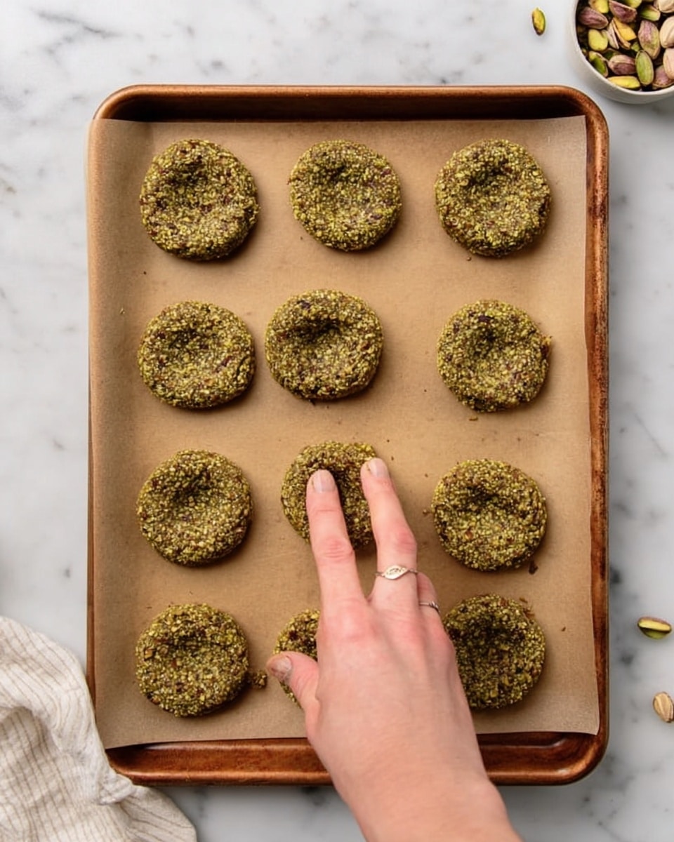 On a baking tray lined with brown parchment paper, there are nine small, round, greenish-brown cookie-like patties arranged evenly. The patties have a rough texture with visible bits of nuts or seeds throughout. A woman's hand is pressing the center of one patty at the bottom row, creating a small indentation. The tray sits on a white marbled surface with a few scattered pistachios nearby. Photo taken with an iphone --ar 4:5 --v 7
