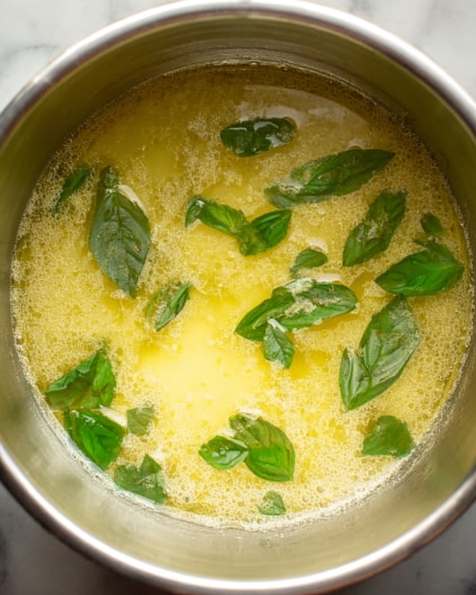 A close-up image shows a stainless steel pot with melted butter in it, inside the butter are scattered fresh green basil leaves floating on the surface. The butter appears smooth and slightly foamy with a rich yellow color. The bright green basil leaves vary in size and float evenly spaced in the melted butter, creating a contrast against the butter's yellow hue. The pot has a shiny metallic texture around the edges. The scene is set against a white marbled surface. photo taken with an iphone --ar 4:5 --v 7