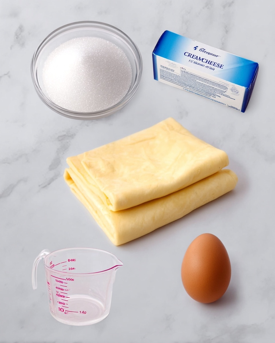 The image shows five cooking ingredients placed on a white marbled surface. At the top left, there is a small clear glass bowl filled with white granulated sugar, sparkling slightly. To the right of the bowl, there is a box of cream cheese with blue and white packaging. Below the sugar and cream cheese, near the center, there is a neatly folded sheet of soft yellow dough with a smooth texture. At the bottom left, there is a clear plastic measuring cup with pink measurement marks, partially filled with a liquid. To its right, there is a single brown egg standing upright on the surface. All items are arranged with enough space between them to see clearly. Photo taken with an iphone --ar 4:5 --v 7