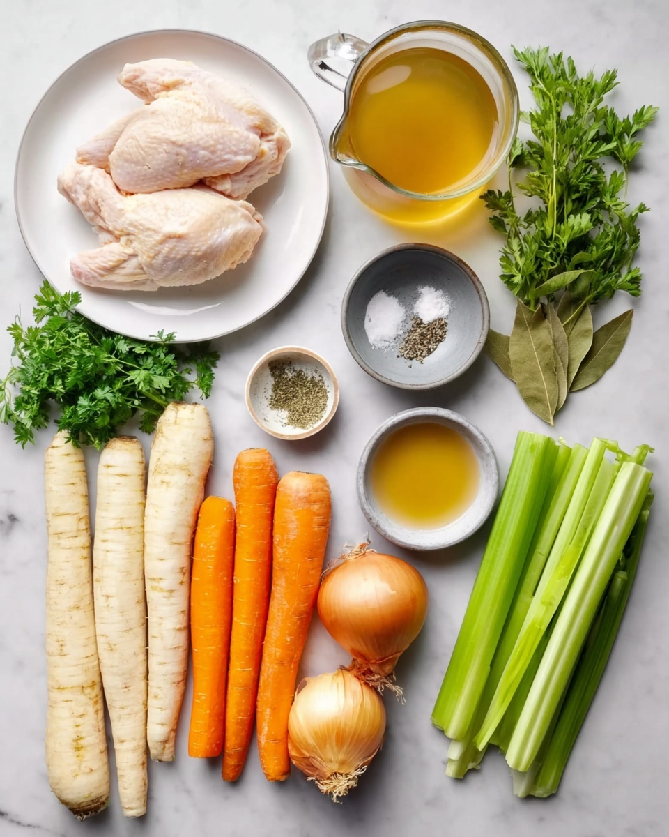 The image shows fresh ingredients arranged neatly on a white marbled surface. There are two pieces of raw chicken placed on a white plate at the top left. Next to the chicken, on the right, is a transparent glass jug filled with a golden-yellow liquid, likely broth. Below, there are three white parsnips with rough pale skin laid horizontally. To the left of the parsnips, a bunch of fresh green parsley and four whole bright orange carrots are placed side by side. An onion with golden brown skin is on the right side of the parsnips. Near the bottom right corner, three green celery stalks are arranged vertically next to a small white bowl containing clear golden liquid, and a small grey bowl filled with salt and pepper. Fresh garlic, sprigs of green herbs, and a few loose bay leaves complete the set of ingredients, all arranged in a balanced and spaced layout. Photo taken with an iphone --ar 4:5 --v 7
