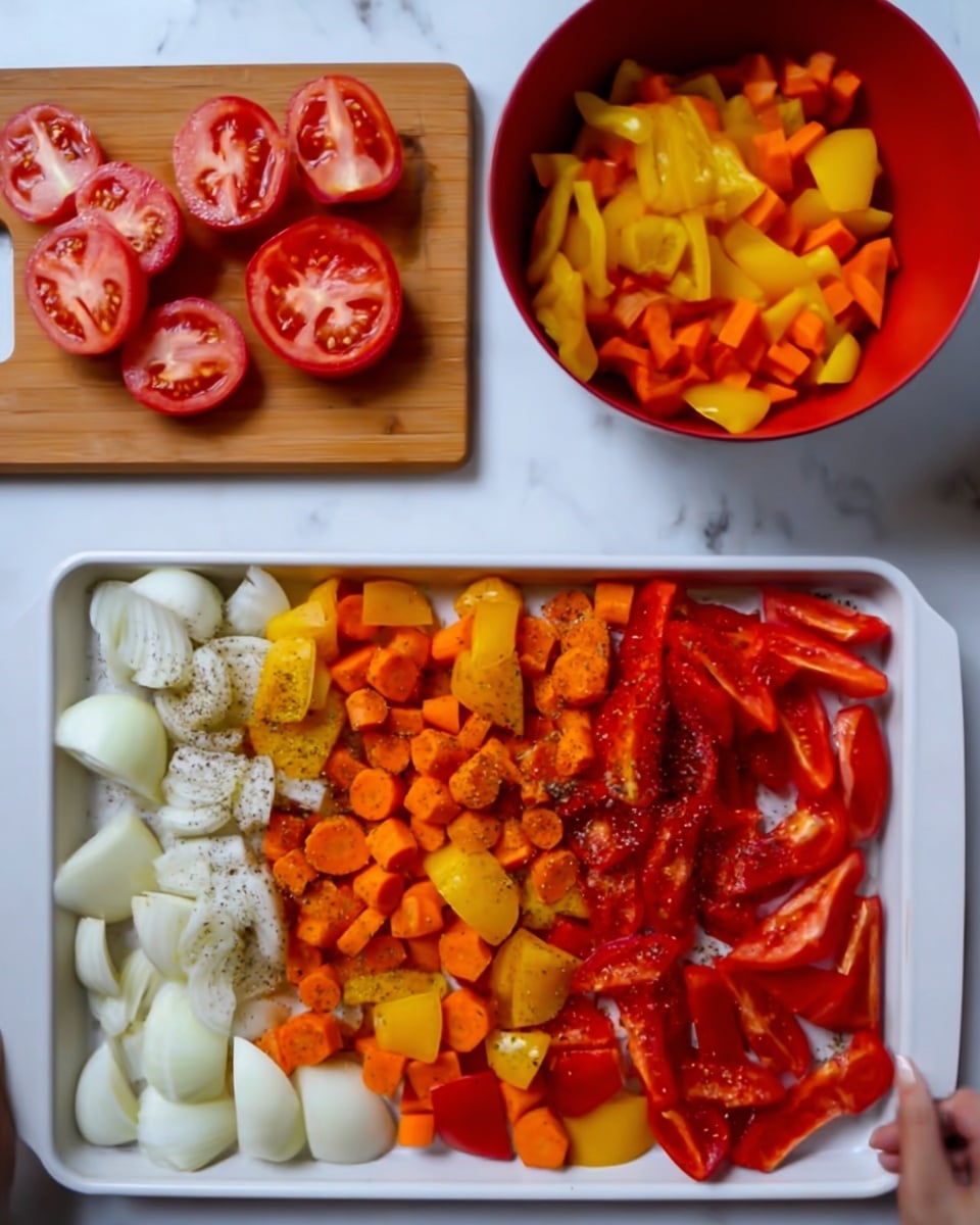 The image shows a white tray filled with three layers of vegetables arranged loosely. The bottom layer has large white chunks of onion scattered across the tray. The next layer contains thick, short pieces of orange carrots and yellow bell peppers spread evenly. On top, there are many bright red tomato wedges sprinkled with black pepper and seasonings. To the left, a wooden cutting board holds red tomato halves with white insides, and above it, a white bowl contains chopped yellow and orange bell peppers. The surface below everything is white marble. A woman's hand is seen slightly touching the edge of the red bowl. photo taken with an iphone --ar 4:5 --v 7