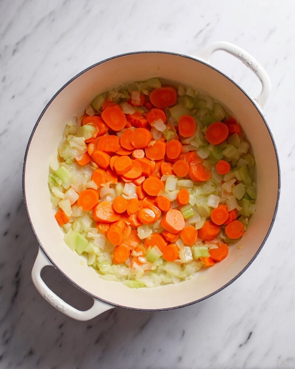 A white pot filled with two layers of cooked vegetables is shown from above. The bottom layer is a mix of translucent diced onions and pale green celery slices with a soft texture. On top, there are bright orange carrot slices evenly scattered around, showing a slightly cooked softness but still holding their shape well. The pot sits on a white marbled surface, highlighting the colorful vegetables inside. Photo taken with an iphone --ar 4:5 --v 7