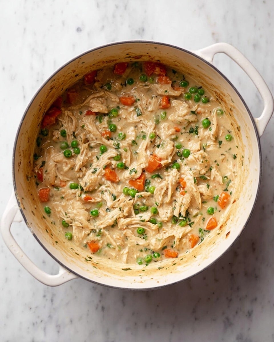 A round white pot filled with a creamy stew made of mostly shredded light beige chicken mixed with bright green peas and orange carrot slices, all swimming in a thick lightly speckled creamy sauce with bits of green herbs. The pot is placed on a white marbled surface, and its interior edges have some sauce marks showing use. The whole dish looks smooth with soft vegetable chunks evenly distributed in the thick sauce. Photo taken with an iphone --ar 4:5 --v 7