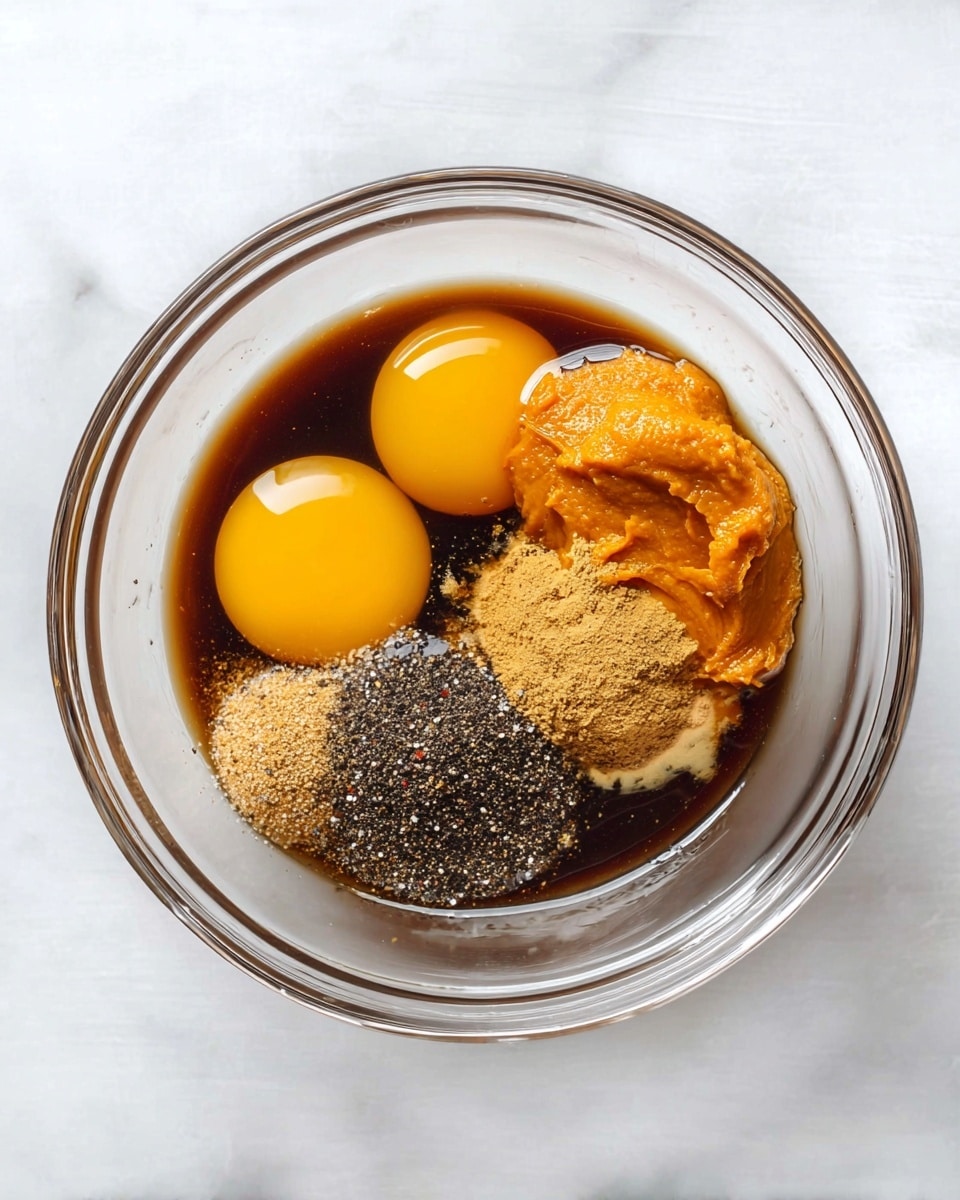 A clear glass bowl sits on a white marbled surface, holding several ingredients. In the bowl, there are two whole raw eggs with bright yellow yolks sitting on top of a dark brown liquid, likely soy sauce or similar. On one side, a portion of orange-colored paste, smooth but slightly textured, rests beside a mound of finely ground black pepper. The ingredients are layered distinctly without being mixed, showing a clear contrast of colors and textures. photo taken with an iphone --ar 4:5 --v 7