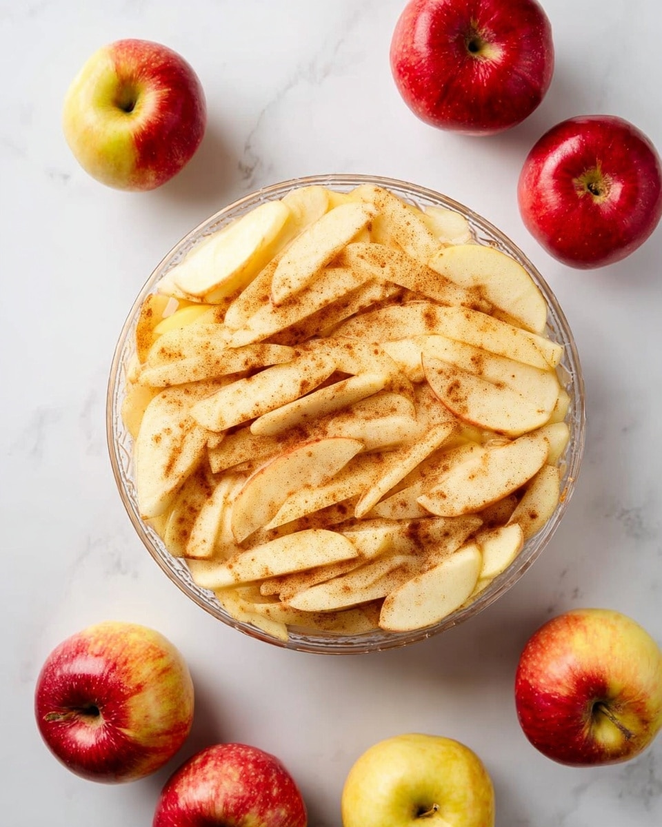 A clear round glass bowl is filled with several layers of thinly sliced apple pieces that are pale yellow with a light sprinkling of cinnamon powder giving a touch of brown. The apple slices are spread evenly and cover the bowl to the edge. Around the bowl, there are five whole apples in red and yellow shades, placed randomly on a white marbled surface. The photo is taken from above showing the full bowl and apples with soft natural lighting. photo taken with an iphone --ar 4:5 --v 7