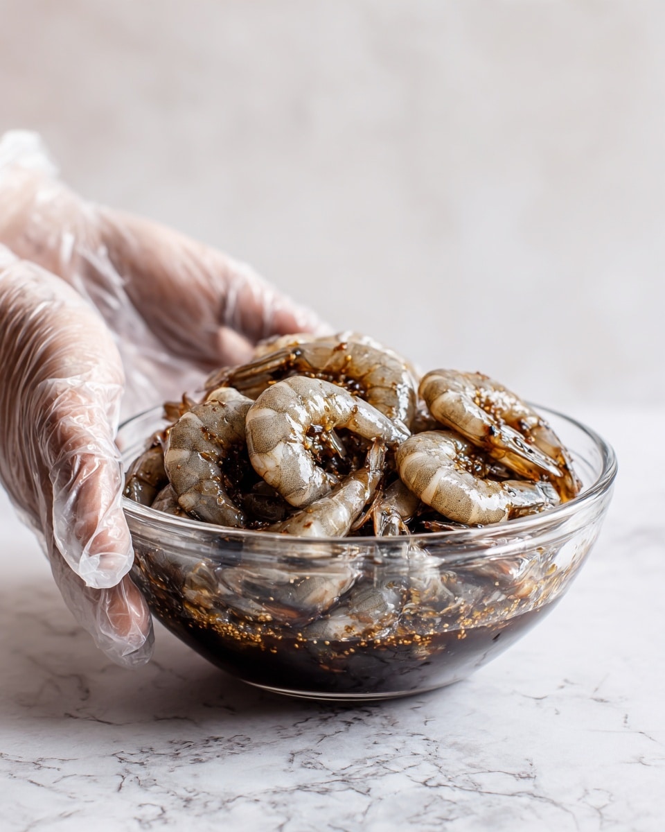A clear glass bowl filled with raw shrimp that are light gray with a slightly shiny texture, marinated in a dark brown sauce. The shrimp are curled and layered irregularly inside the bowl. A woman's hand wearing a translucent glove is holding the bowl from the left side, while another woman's bare hand supports it on the right side. The bowl rests on a white marbled surface with soft lighting highlighting the shrimp and glass. Photo taken with an iphone --ar 4:5 --v 7