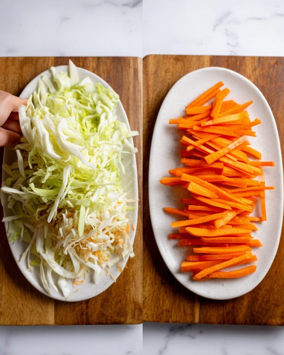 The image shows two white plates on a white marbled surface. On the left plate, there is a mound of thinly sliced white and pale green cabbage layered unevenly with some pieces spread out. On the right plate, there is a pile of bright orange carrot sticks cut into thin strips, stacked neatly in a small pile. Both plates are oval-shaped and placed next to each other. A woman's hand holding a wooden board is partially visible at the top edges of both plates. Photo taken with an iphone --ar 4:5 --v 7