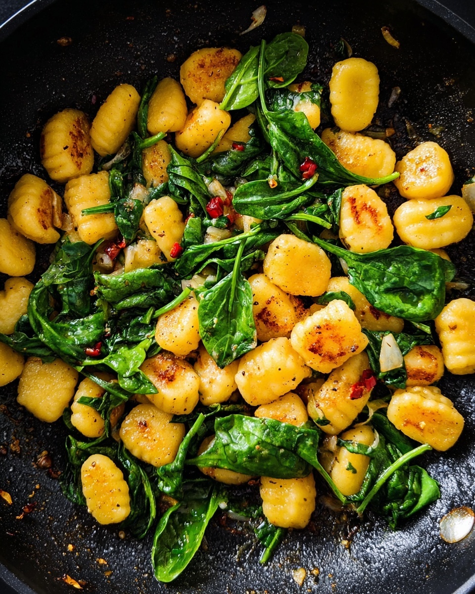 The image shows a black pan filled with small, golden pan-fried gnocchi pieces that have some light brown spots from cooking. Among the gnocchi, there are fresh, green spinach leaves scattered and slightly wilted, with some small bits of red pepper and garlic pieces mixed in. The pan surface is dark and textured, contrasting with the bright yellow of the gnocchi and the vivid green spinach. The ingredients look well-cooked and mixed together evenly. photo taken with an iphone --ar 4:5 --v 7