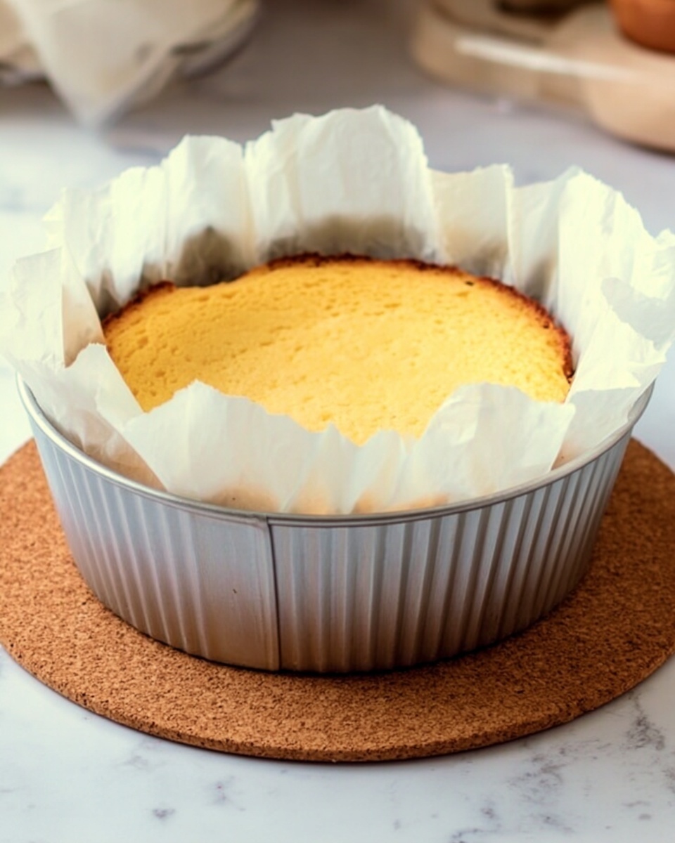 A round cake with a golden-yellow top sits in a silver fluted metal baking tin lined with white parchment paper that extends past the edges. The cake has a soft, slightly uneven texture on top, giving it a homemade look. The baking tin is placed on a round brown cork coaster, all set on a white marbled surface. The background is softly blurred with kitchen items visible. photo taken with an iphone --ar 4:5 --v 7