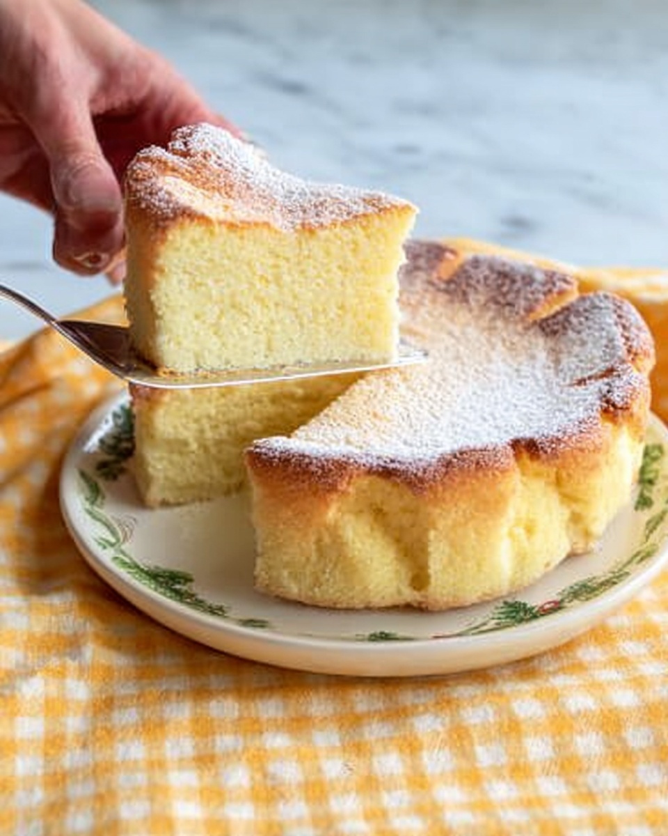 A soft, fluffy yellow cake with a lightly browned top sits on a white plate with green and brown details, placed on a yellow checkered cloth over a white marbled surface. The cake has a thick, slightly browned crust around the sides and is topped with a light dusting of powdered sugar. A woman's hand lifts one slice from the cake with a silver spatula, showing the cake's smooth and airy texture inside. Photo taken with an iphone --ar 4:5 --v 7