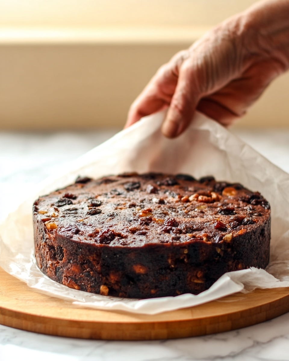 A dark brown, round fruitcake with a rough, uneven surface rich with visible chunks of nuts and dried fruits sits on white baking paper, which lines a round cake pan. The fruitcake's top shows a mix of slightly glossy, textured bits in shades of dark brown and reddish brown. One side of the paper is being lifted carefully by a woman's hand with a light skin tone, revealing the thick, dense cake resting on a light wooden board with a smooth texture. The background is softly blurred with warm light, and the whole scene is set on a white marbled surface. photo taken with an iphone --ar 4:5 --v 7