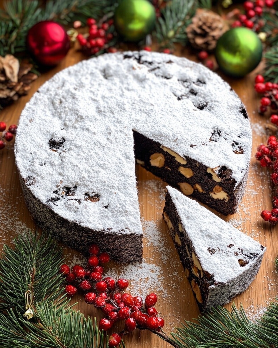 A round dark brown cake is covered with a thick layer of white powdered sugar on top, with one slice removed to show the inside. The inside of the cake is dense and dark with whole light brown nuts and small bits of dried fruit scattered throughout. The cake is placed on a light wooden surface surrounded by green pine branches, red berries, and shiny red and green Christmas ornaments. photo taken with an iphone --ar 4:5 --v 7