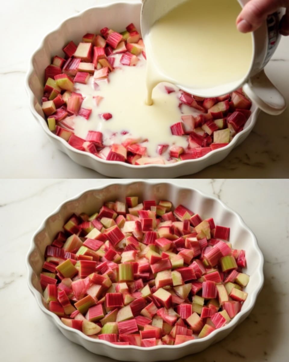 The image shows a white round scalloped dish filled with chopped pieces of red and green rhubarb evenly spread inside. On the second part of the image, a woman's hand is pouring a creamy white liquid over the rhubarb, partially covering the colorful chunks. The dish is placed on a white marbled surface. photo taken with an iphone --ar 4:5 --v 7