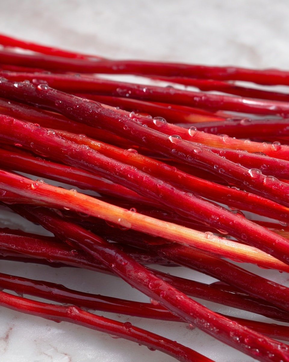 The image shows many long, thin red stalks layered closely together. The stalks have smooth, shiny surfaces with slight variations in red shades, ranging from bright red to a deeper, more muted red. They overlap each other horizontally and lie flat against a white marbled surface. Some stalks appear thicker while others are thinner, creating a textured look with small droplets of water visible on a few of them. photo taken with an iphone --ar 4:5 --v 7