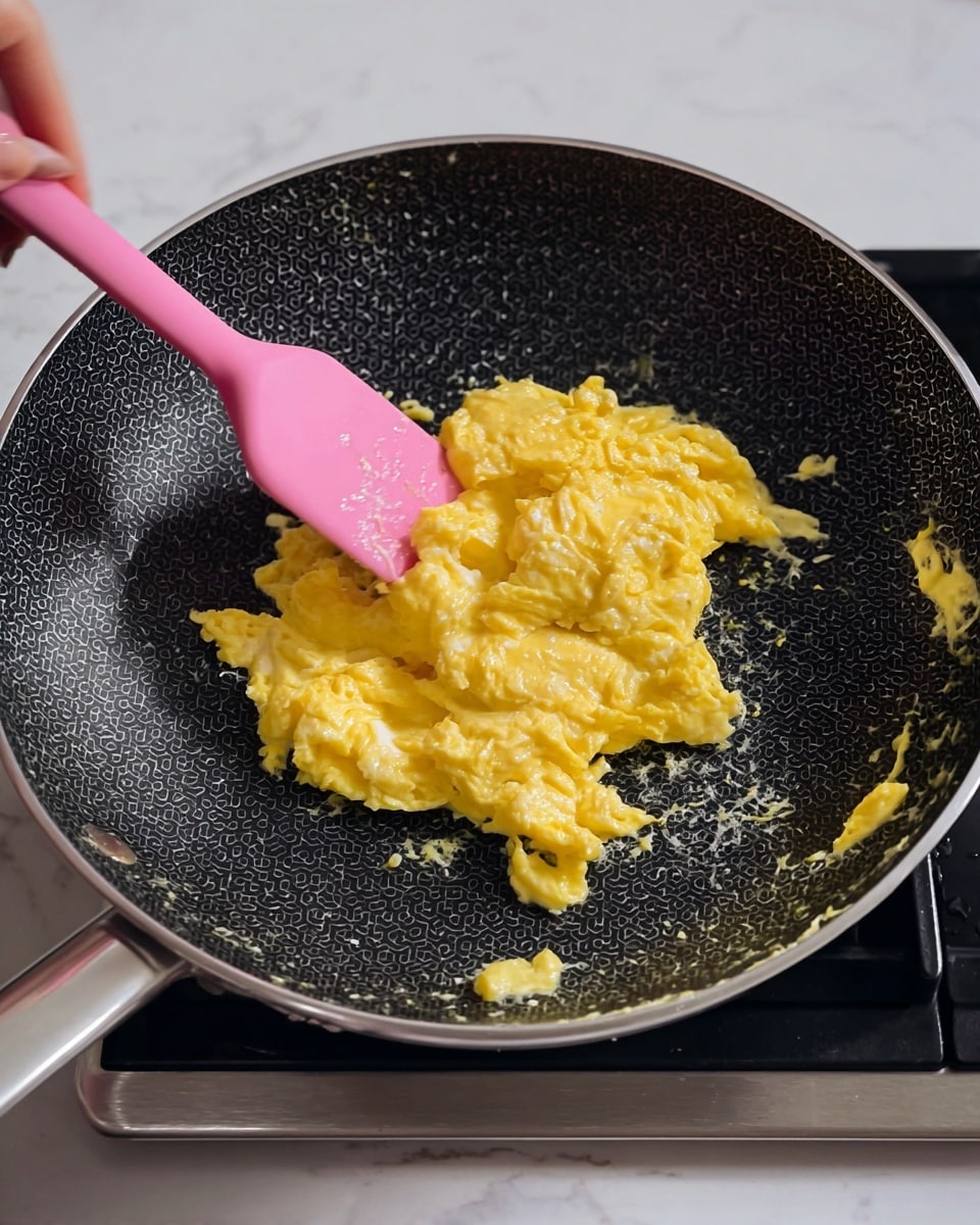 A close-up of a non-stick frying pan showing soft scrambled eggs being stirred with a pink silicone spatula held by a woman's hand. The scrambled eggs have a bright yellow color with some white streaks, appearing fluffy and slightly wet. The pan has a black textured surface with a honeycomb-like pattern, and the edges of the pan show traces of cooked egg. The heating stove beneath the pan is visible, set against a white marbled surface in the background. photo taken with an iphone --ar 4:5 --v 7