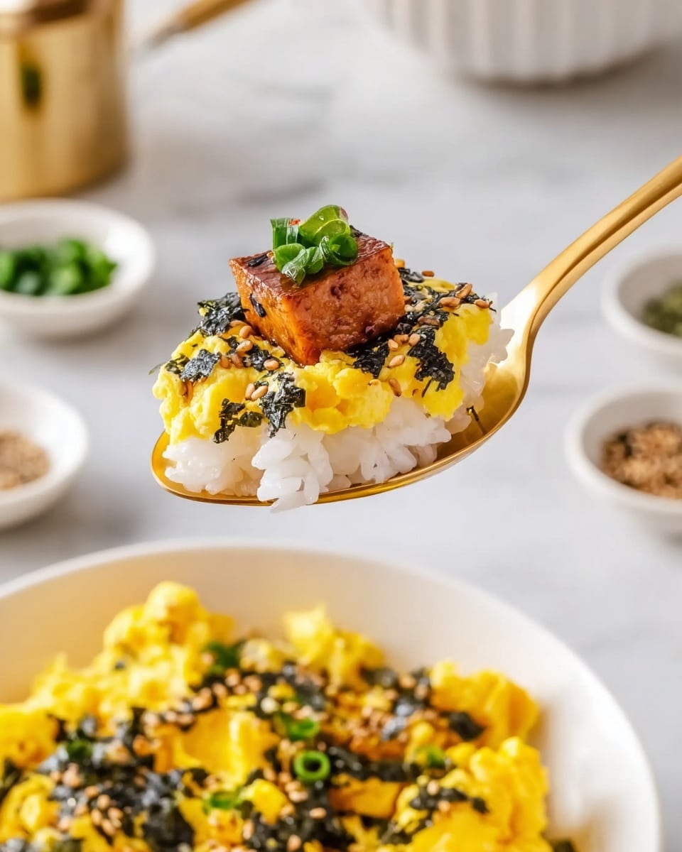 A gold spoon holds a layered bite showing white rice on the bottom, topped with a golden scrambled egg sprinkled with small dark green seaweed pieces and light brown sesame seeds, and a square piece of browned meat garnished with small green onion pieces on top; below, a white bowl is filled with yellow scrambled eggs sprinkled with the same seaweed and sesame mix, all set against a white marbled surface with small white dishes holding green onions and seasoning in the background, photo taken with an iphone --ar 4:5 --v 7