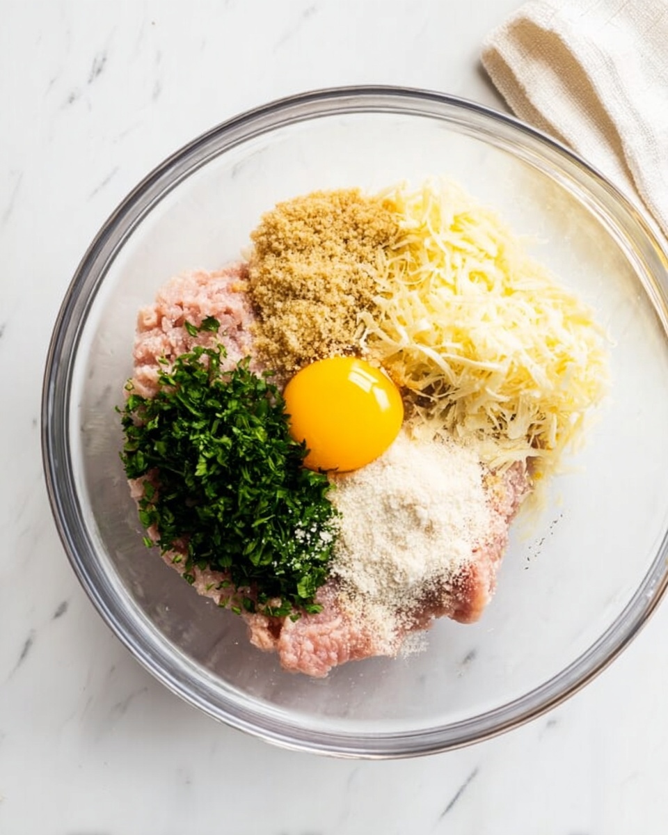 Air Fryer Chicken Meatball Subs Recipe 4 A clear glass mixing bowl sits on a white marbled surface, containing separate layers of ingredients for a dish. At the bottom left, there is a layer of light pink ground meat. To the right of the meat is a pile of bright green chopped herbs. Above the herbs is a heap of finely shredded pale yellow cheese. To the left of the cheese, there is a light brown crumbly ingredient. Near the center of the bowl, resting on the ground meat, is a single raw egg yolk with a surrounding white area. Scattered between the ingredients are small amounts of white granules and a few darker spice specks. The whole scene is minimal and bright, highlighting the colors and textures of the ingredients photo taken with an iphone --ar 4:5 --v 7