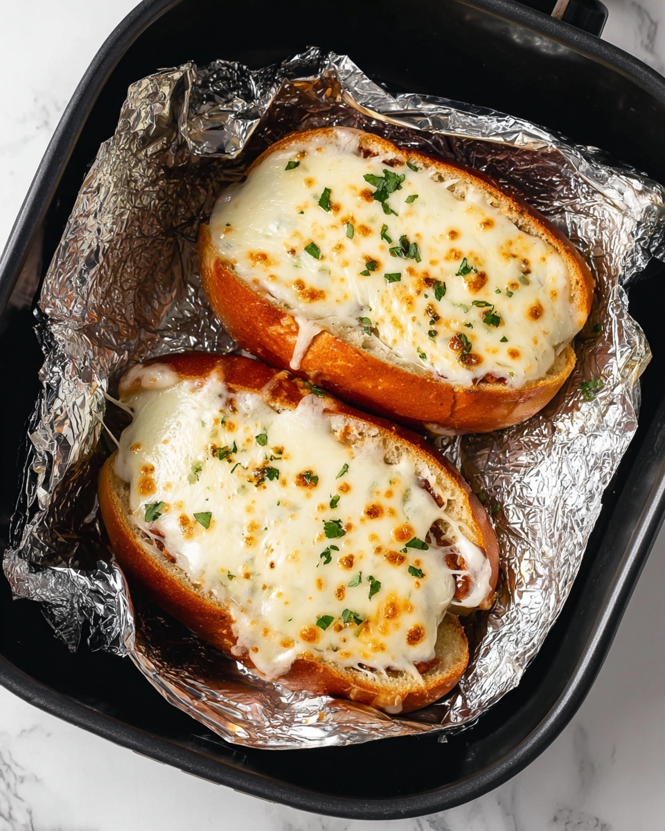 Air Fryer Chicken Meatball Subs Recipe 5 Two melted cheese sandwiches sit on crinkled silver foil inside a black pan, each sandwich layered with a toasted golden brown bun at the base, a thick, light brown textured filling beneath a generous layer of creamy, melted white cheese dotted with small, golden spots from baking. Small green herb pieces are sprinkled over the cheese, adding contrast. The black pan is set on a white marbled surface. photo taken with an iphone --ar 4:5 --v 7