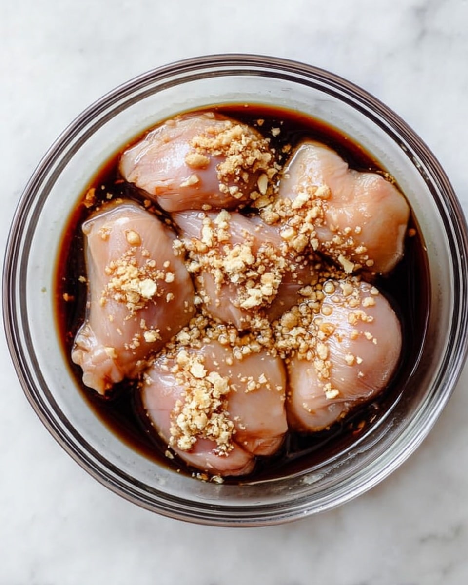 A clear glass bowl sits on a white marbled surface filled with six raw chicken pieces soaked in a dark soy sauce marinade. The chicken pieces are pale pink with a smooth, slightly shiny texture, and they are sprinkled generously with small bits of minced garlic and ginger on top, adding a rough and slightly chunky contrast to the smoothness of the chicken and the liquid. The dark soy sauce surrounds the pieces, creating a deep brown base that reflects light softly inside the bowl, emphasizing the moist appearance of the chicken. Photo taken with an iphone --ar 4:5 --v 7