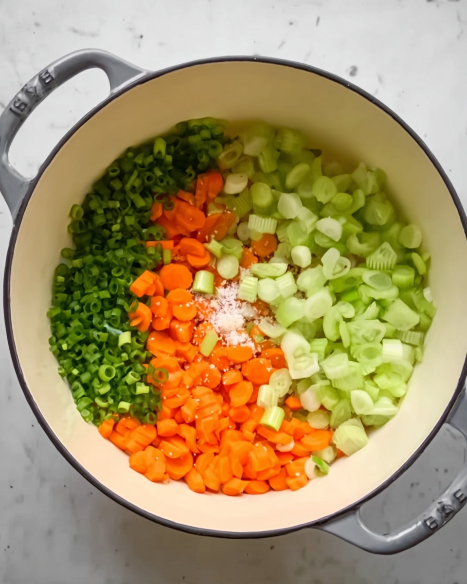 A white enamel pot sits on a white marbled surface, filled with three main layers of chopped vegetables. The bottom layer consists of small, bright green chopped green onions scattered mostly on one side. On top of that and slightly to the right, there is a layer of thin orange carrot slices. Above the carrots, a layer of pale green celery slices is piled in the center, with a small amount of white salt sprinkled on top. The pot handles are gray and visible on each side. Photo taken with an iphone --ar 4:5 --v 7