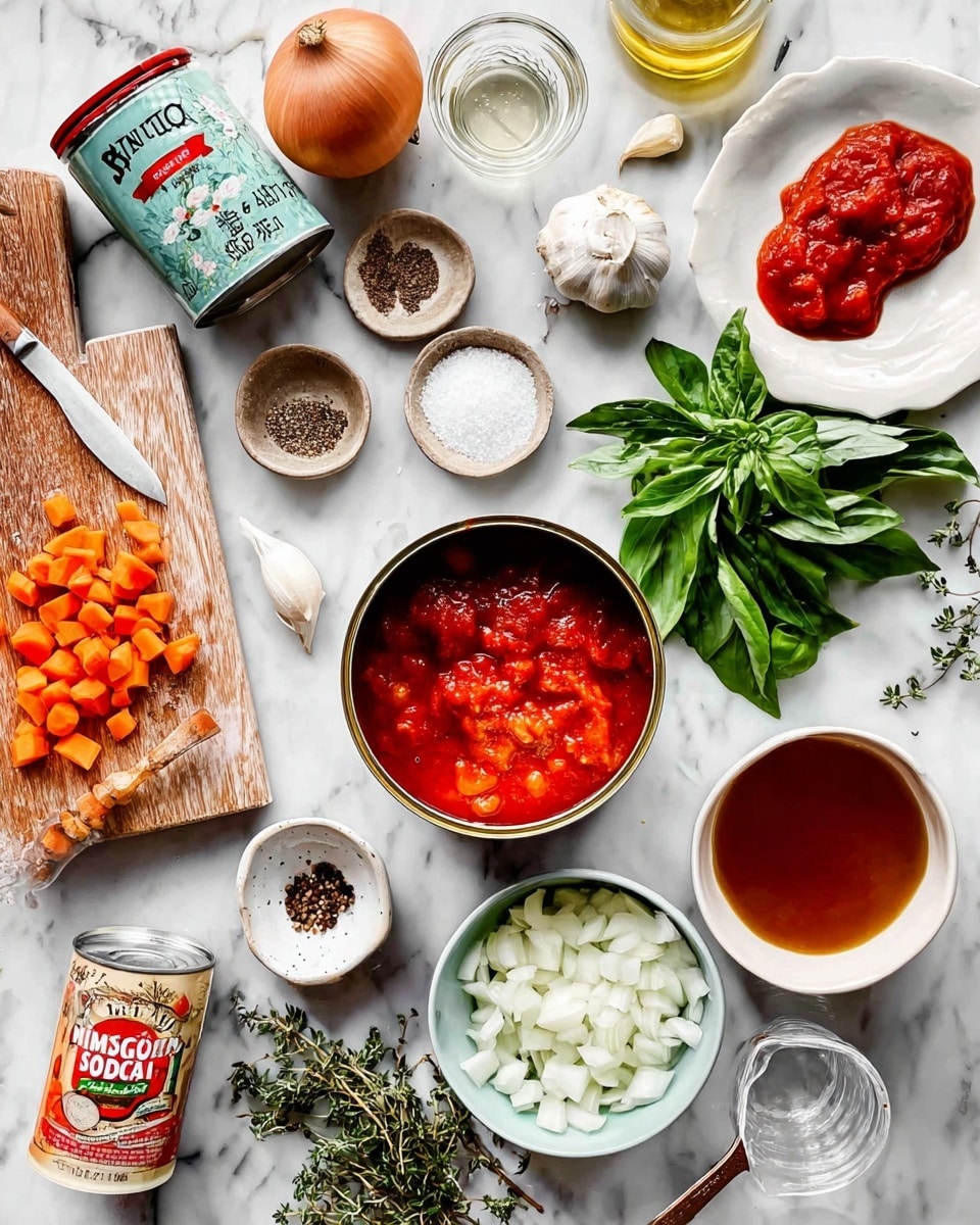 The image shows a white marbled surface with cooking ingredients arranged neatly. At the center is an open can filled with rich red crushed tomatoes, with its lid slightly tilted. Around it, bowls contain chopped white onions, fresh green basil leaves, salt with a small wooden spoon, and cracked black pepper in small round dishes. On the left side, a wooden cutting board holds chopped orange carrots, a whole onion, and a kitchen knife with a white handle. Near the top, there is a small glass of white liquid, a bottle of oil, cloves of garlic, and fresh green thyme sprigs on a white plate. A tube of tomato paste lies open with a bit squeezed out, and a small white cup holds thick red tomato paste. At the top right, a white bowl contains a clear brown broth, while a small glass container with a spout sits at the bottom right. Photo taken with an iphone --ar 4:5 --v 7