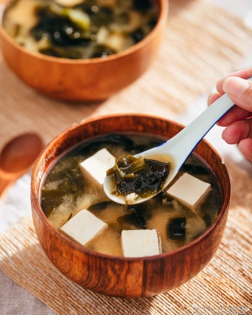 A wooden bowl filled with light brown miso soup showing three large white tofu cubes and three pieces of dark green seaweed floating in the broth. A white spoon with a blue inner edge is scooping some seaweed from the soup, held by a woman's hand on the right side. In the background, there is a second wooden bowl with similar soup, slightly blurred. The bowls sit on a light brown woven mat, and the overall setting has a warm, inviting feeling. photo taken with an iphone --ar 4:5 --v 7