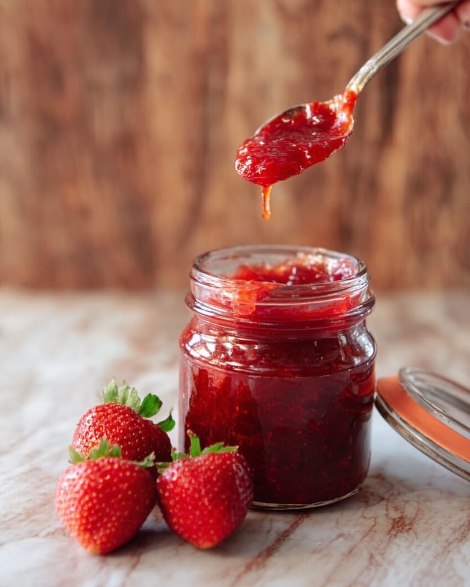 A glass jar filled with bright red strawberry jam, showing a thick, chunky texture with visible strawberry pieces. A woman’s hand holds a spoon above the jar, dripping some jam back into it. Next to the jar are three fresh, plump strawberries with green caps, placed on a white marbled surface. The background shows a blurred soft brown wooden texture, making the colors of the jam and strawberries stand out. photo taken with an iphone --ar 4:5 --v 7