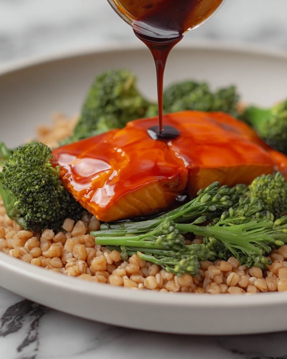 The dish shows three layers on a white plate with a white marbled texture background. The bottom layer is made of cooked grains with a light brown, soft texture, spread evenly across the plate. The middle layer consists of bright green broccoli florets with a slightly cooked appearance, placed thoughtfully around the grains. The top layer features a thick, bright orange piece of glazed fish with a glossy surface, and a dark brown sauce is being poured over it from above, creating a shiny contrast on the fish. Photo taken with an iphone --ar 4:5 --v 7