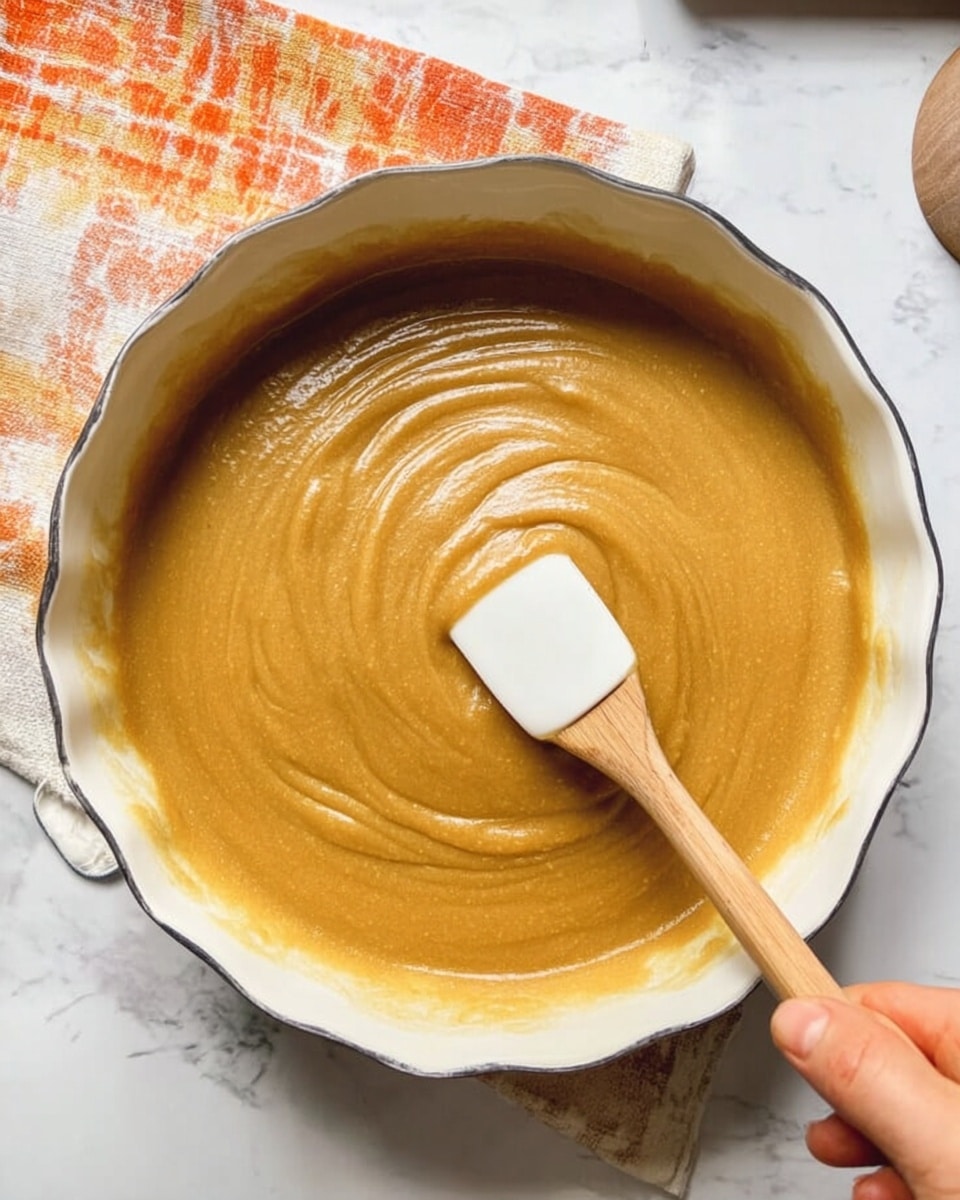 A scalloped white pan filled with a thick, smooth golden brown batter being stirred by a wooden spatula with a white silicone head, the spatula held by a woman's hand on the right side, all placed on a white marbled surface with a small part of an orange and white cloth placed behind. photo taken with an iphone --ar 4:5 --v 7