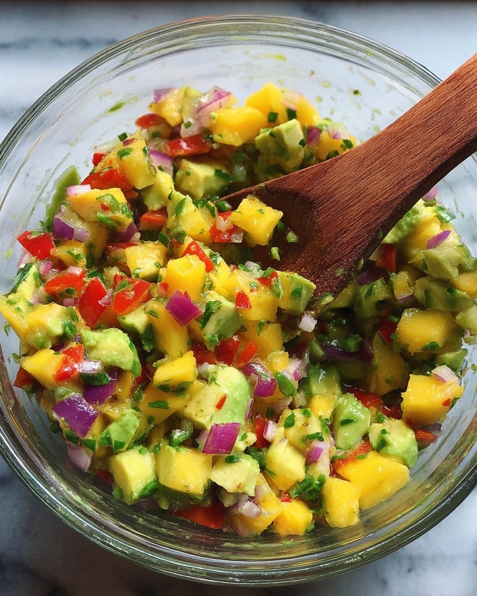 A clear glass bowl filled with colorful salsa made of small chunks of bright yellow mango, green avocado, red bell pepper, white onion, and purple onion, mixed with green herbs. A wooden spoon is inside the bowl with some salsa on it. The bowl sits on a white marbled surface. Photo taken with an iphone --ar 4:5 --v 7