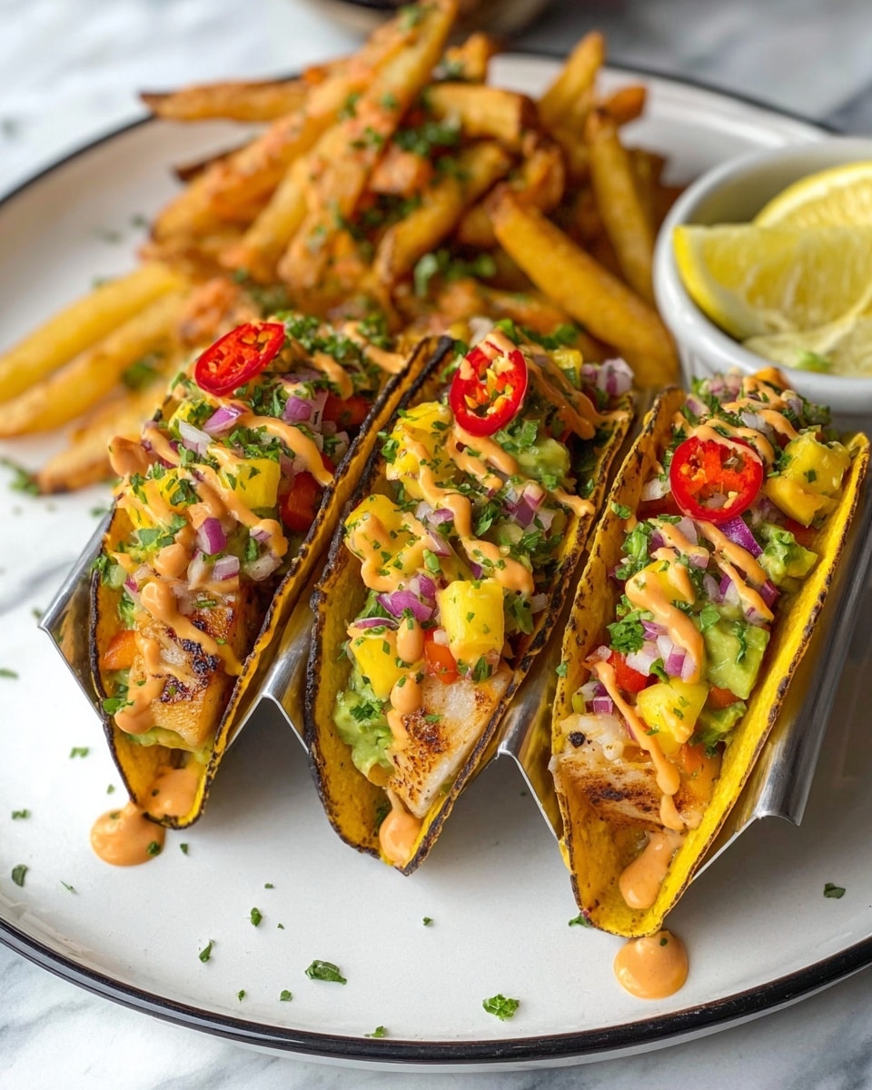 Three tacos sit side by side on a white plate with a black rim atop a white marbled surface. Each taco is held in a metal taco holder, with golden yellow, lightly charred tortillas forming the base layer. The second layer consists of cooked fish pieces with a light brown flaky texture. On top is a chunky mix of colorful diced avocado, red onion, red bell pepper, and mango, creating a fresh and vibrant topping. A creamy orange sauce is drizzled over the entire taco stack, garnished with small green herb pieces and a slice of red chili pepper on each taco. On the side of the plate, there is a small pile of seasoned fries and a lemon wedge with some salsa bits. Photo taken with an iphone --ar 4:5 --v 7