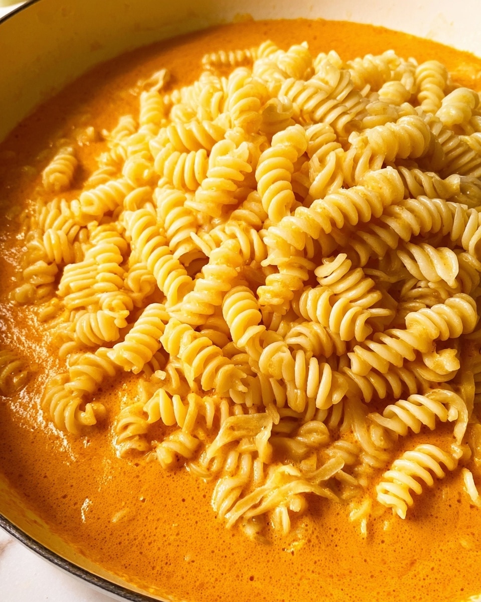 A close-up view of a white pan filled with a thick orange sauce as the first layer, creamy and smooth in texture, covering the base and edges of the pan. On top of the sauce, there is a mound of cooked short spiral pasta in light yellow color, piled high in the center with distinct ridges and curves that show a firm yet tender look. The sauce slightly coats the bottom pasta, with the rest looking dry above the sauce. The white marbled surface is visible around the pan, enhancing the warm colors of the dish. photo taken with an iphone --ar 4:5 --v 7