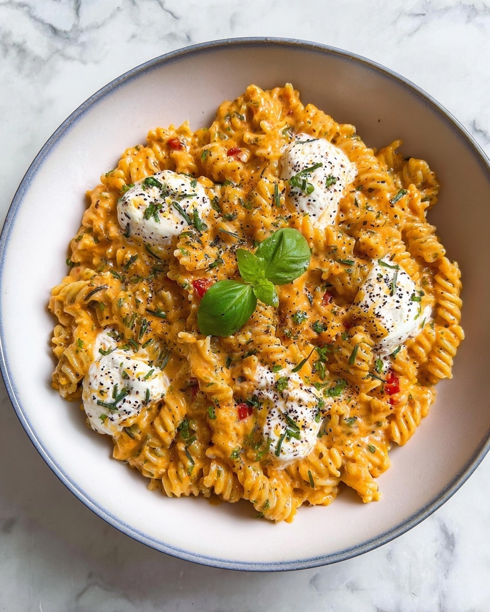 A bowl of ridged pasta covered in creamy orange sauce with small green and red bits mixed in. On top, there are dollops of white creamy cheese, sprinkled with chopped green herbs and black pepper. A small green basil leaf sits on the center dollop of cheese. The food is served in a white bowl with a subtle blue rim, placed on a white marbled surface. photo taken with an iphone --ar 4:5 --v 7