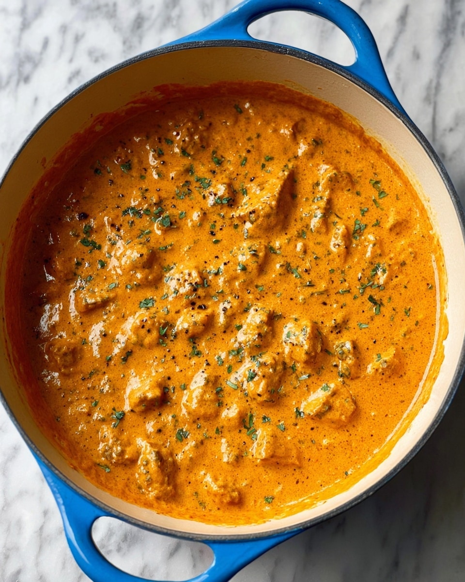 A blue pot filled with a thick, creamy orange sauce with visible chunks of meat throughout. The sauce has green herb bits scattered on top and a few black pepper specks. The pot sits on a white marbled surface. The inside of the pot is light beige, contrasting with the bright orange sauce. photo taken with an iphone --ar 4:5 --v 7