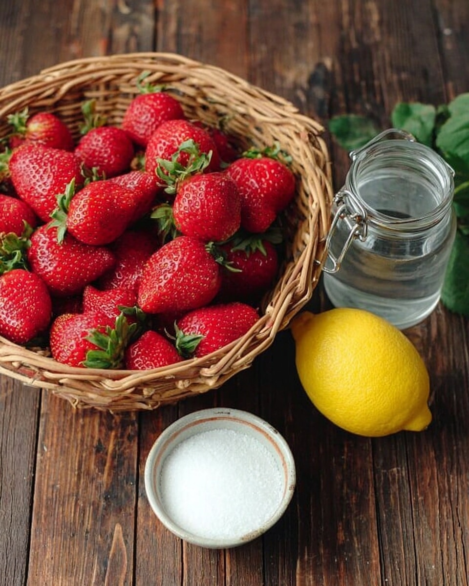 A wicker basket full of bright red strawberries with green leafy tops sits on a rustic wooden surface, next to a whole yellow lemon and a glass of clear water with a metal clasp lid. In front, there is a white cup filled with white granulated sugar. The colors are vibrant and natural, highlighting the freshness of the fruit and ingredients. Photo taken with an iphone --ar 4:5 --v 7