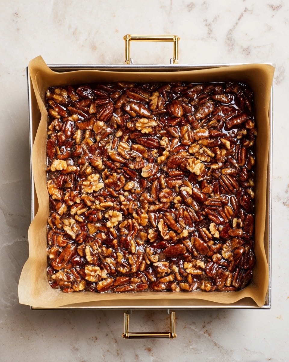 The image shows a square metal baking pan lined with parchment paper held by four golden clips. Inside the pan is a single dense layer of shiny, dark brown caramelized nuts, mostly pecans and walnuts, spread evenly across the entire surface. The nuts have a sticky glaze that reflects light, creating a textured and glossy appearance. The pan sits on a white marbled texture surface. photo taken with an iphone --ar 4:5 --v 7