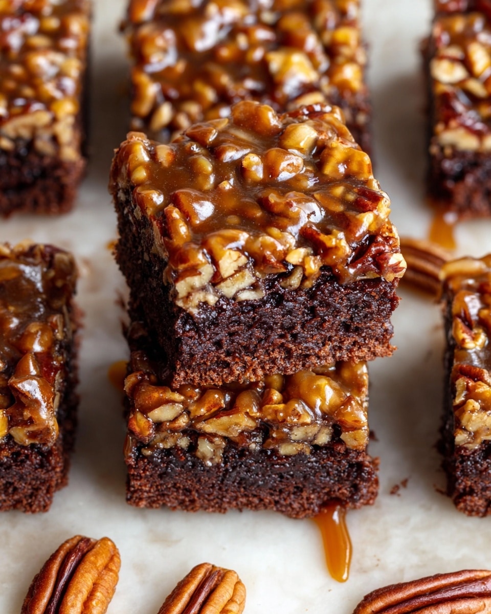The image shows square pieces of chocolate cake topped with a thick, glossy layer of chopped pecans covered in caramel sauce. The cake has two layers: the bottom layer is rich dark brown, dense, and moist while the top layer is a shiny mix of golden-brown caramel and nuts with visible textures from the crunchy pecan pieces. Two squares are stacked on top of each other in the middle with the caramel nut topping clearly dripping a little, surrounded by more pieces of the same cake. Some whole pecans are scattered on a white marbled surface around the cake. Photo taken with an iphone --ar 4:5 --v 7