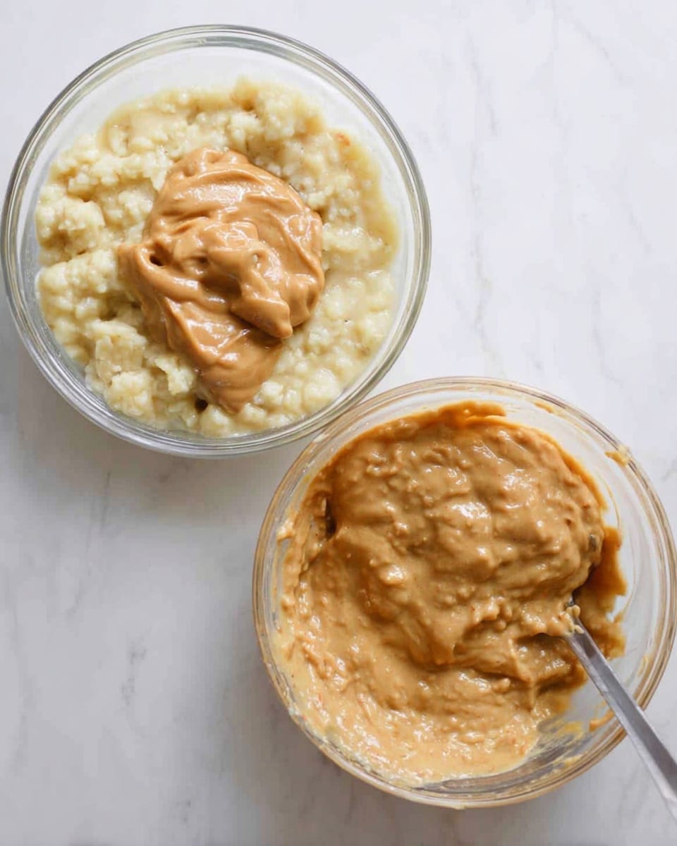 The image shows two clear glass bowls placed on a white marbled surface. In the left bowl, there is a layer of mashed bananas at the bottom, creamy and pale yellow in color with a slightly chunky texture. On top of this, there is a thick layer of light brown peanut butter, smooth and spread unevenly. The right bowl contains a mixed batter of mashed bananas and peanut butter combined, creating a light brown, thick, creamy texture with some small chunks visible. A silver spoon is partially immersed in the right bowl, resting on the side. photo taken with an iphone --ar 4:5 --v 7