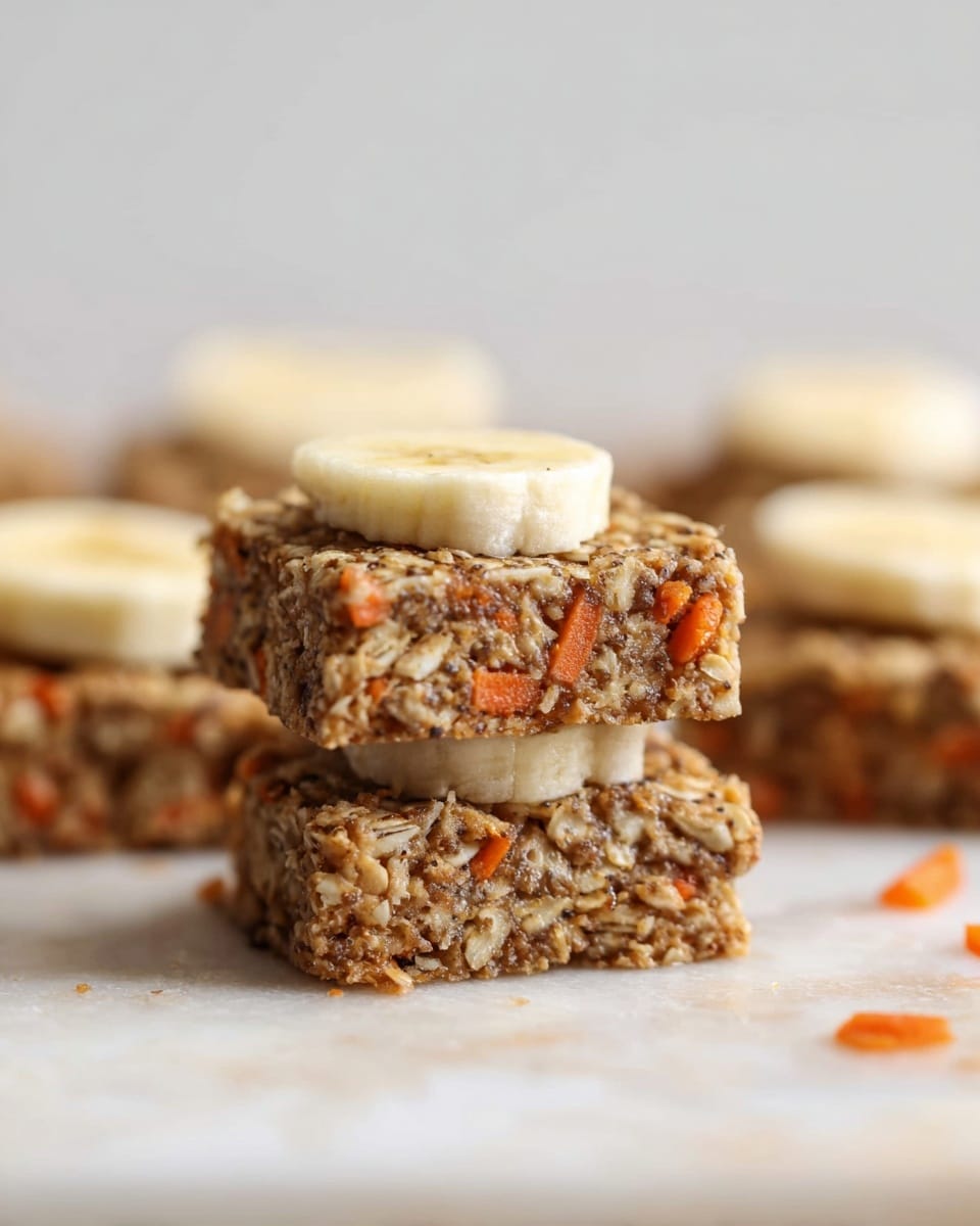 The image shows small square oat bars stacked in two layers, each bar having a coarse texture with visible oats and finely grated orange carrot pieces. On top of the uppermost bar, there is a thin round slice of light yellow banana. Behind the stack, there are more oat bars, some also topped with banana slices. The bars rest on a white marbled surface with a soft, bright background. photo taken with an iphone --ar 4:5 --v 7