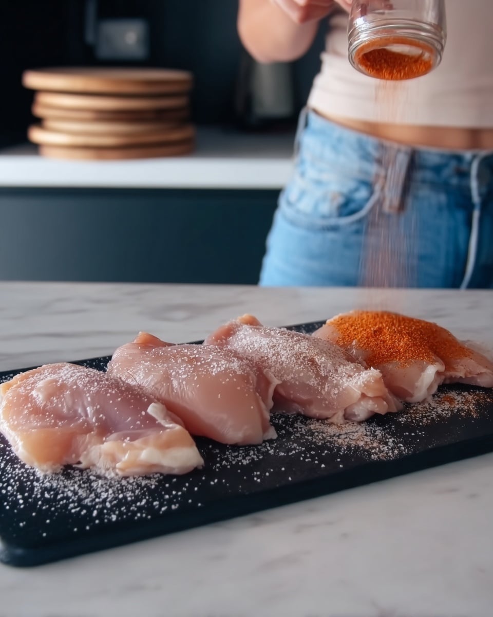 The image shows three raw light pink chicken pieces laid out in a row on a black cutting board placed on a white marbled surface. The chicken pieces have a dusting of white salt on them, with the rightmost piece being seasoned with a reddish-orange spice being sprinkled from a clear container held by a woman’s hand. In the background, a woman wearing blue jeans and a light top is standing near a white kitchen counter, with a stack of small, round, wooden lids visible behind the chicken. Photo taken with an iphone --ar 4:5 --v 7