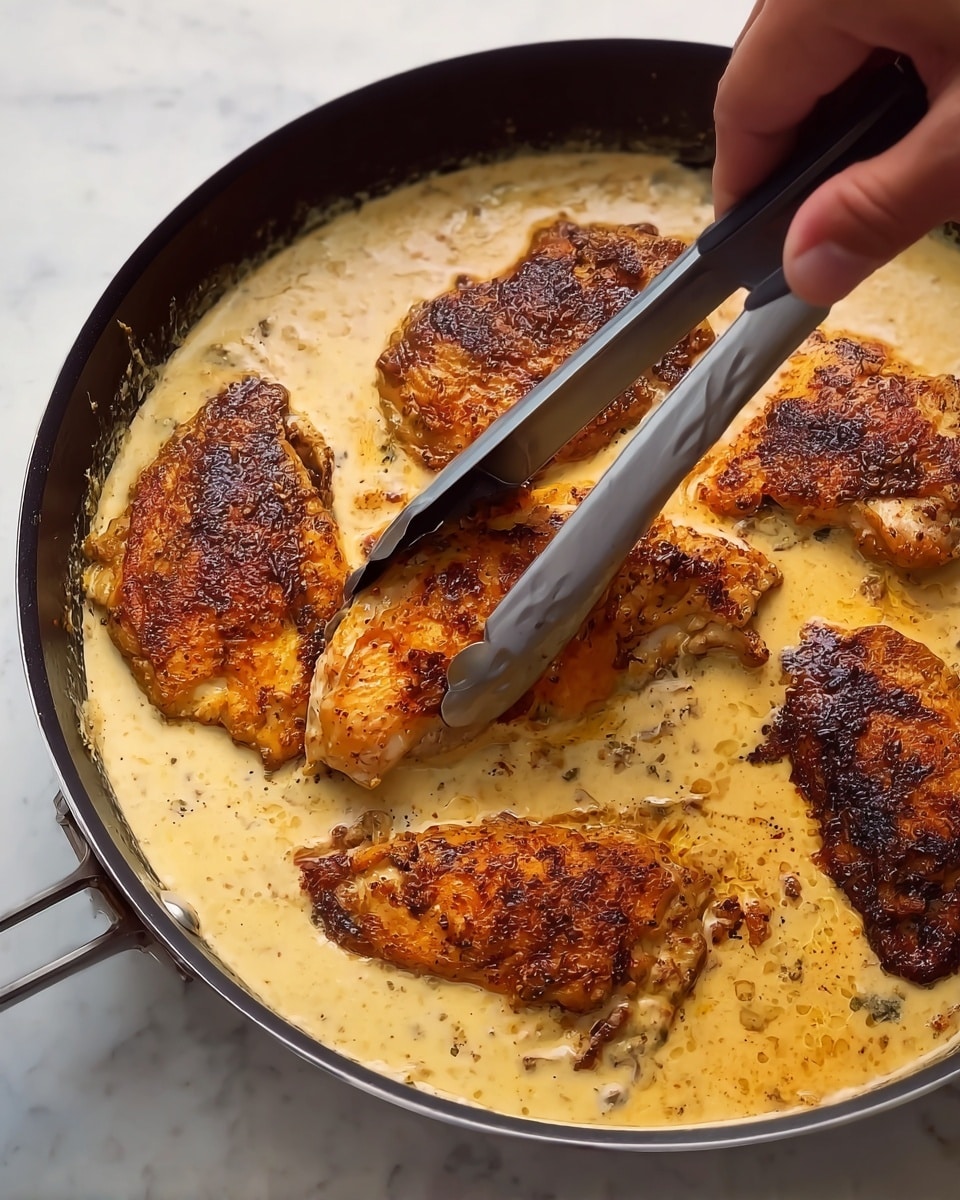 A close-up view shows a black frying pan filled with five pieces of browned, seasoned chicken partially submerged in a thick light cream sauce. Each piece of chicken has a crispy, spiced outer layer with a mix of dark orange and brown spots from cooking, sitting directly in the sauce that fills the space between them. A woman's hand holds a silver and black tong, lifting one piece gently out of the creamy sauce. The background features a white marbled surface. Photo taken with an iphone --ar 4:5 --v 7