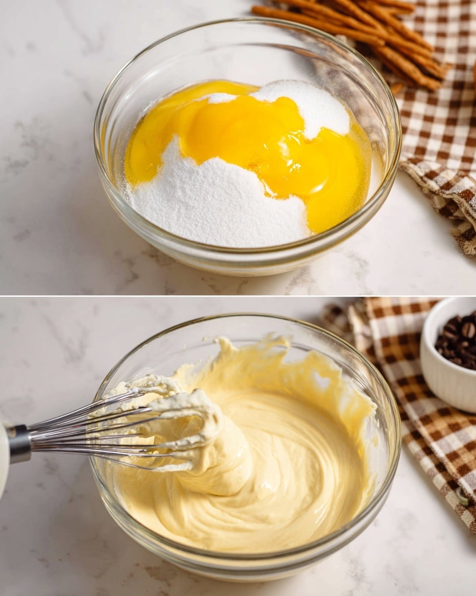 Two images show a clear glass bowl placed on a white marbled surface with a checkered cloth in the background. In the first image, the bowl contains a layer of several bright yellow egg yolks topped with a thick layer of white sugar, creating a contrast between the yellow and white. The second image shows the same glass bowl now filled with a smooth, creamy, pale yellow batter, as a woman's hand holds electric mixer beaters covered in the batter above the bowl. In the background, blurred cookie sticks and a small dish with coffee beans are visible, photo taken with an iphone --ar 4:5 --v 7