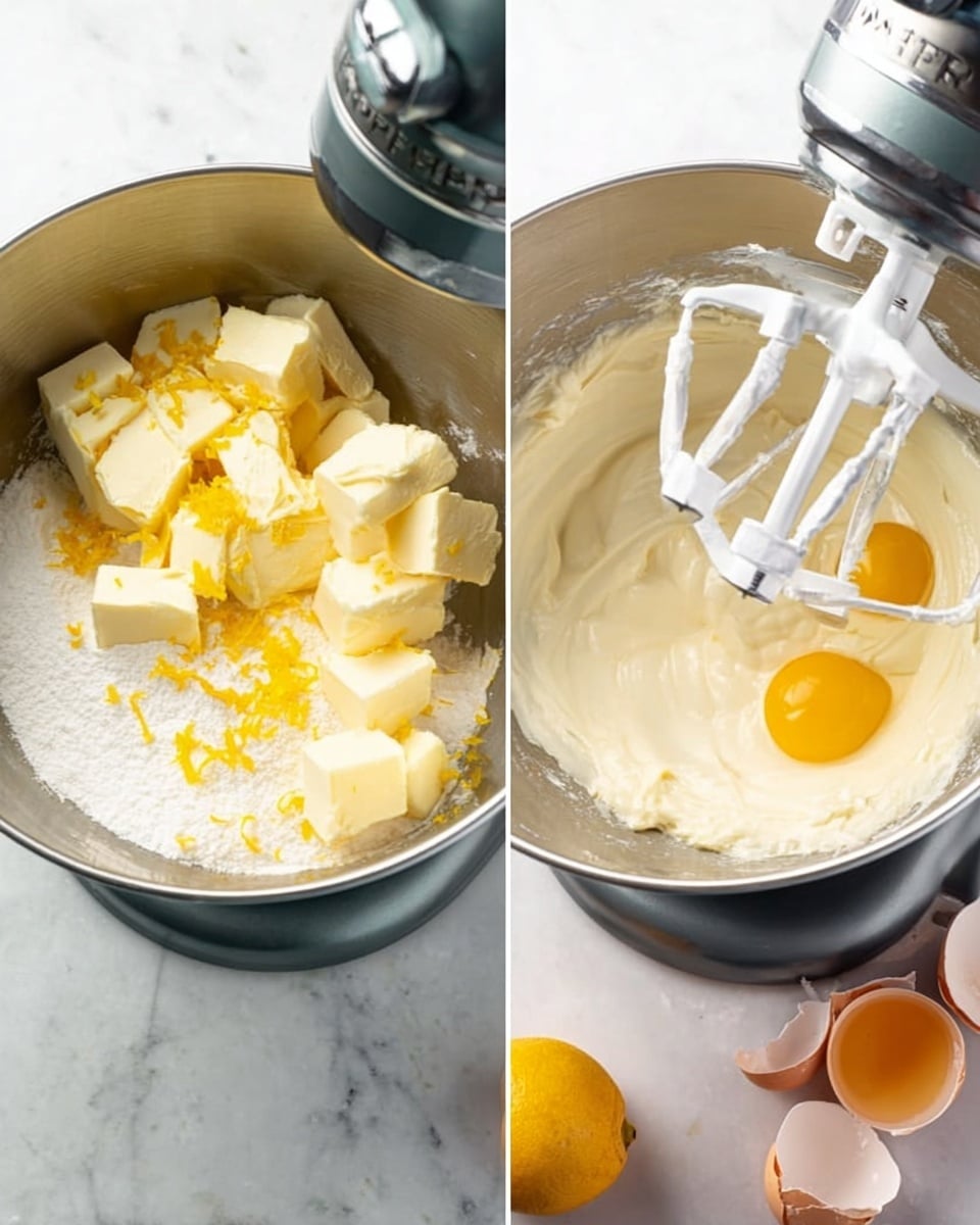 The image shows two side-by-side close-up views inside a silver metal mixing bowl on a white marbled surface. On the left, large chunks of pale yellow butter sit on top of white sugar, with small bright yellow pieces of lemon zest scattered across the butter. The white beater of a silver mixer is lowered into the bowl. On the right, the mixer is mixing a smooth, creamy white mixture with two raw egg yolks visible near the bottom right side of the bowl. Cracked eggshell halves lie nearby on the white marbled surface. Photo taken with an iphone --ar 4:5 --v 7